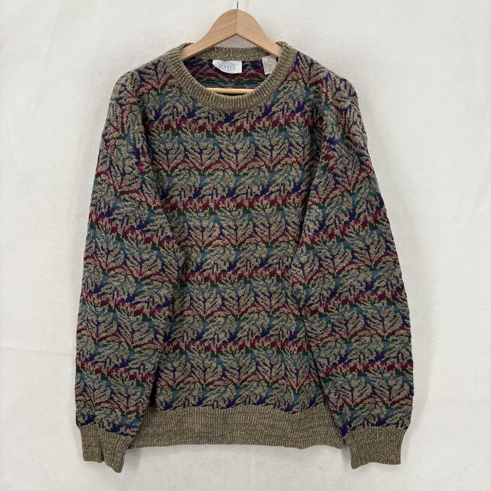 Vintage Frankenmuth Woolen Mill Sweater Mens L Beige Ramie Fair Isle Bavaria 90s